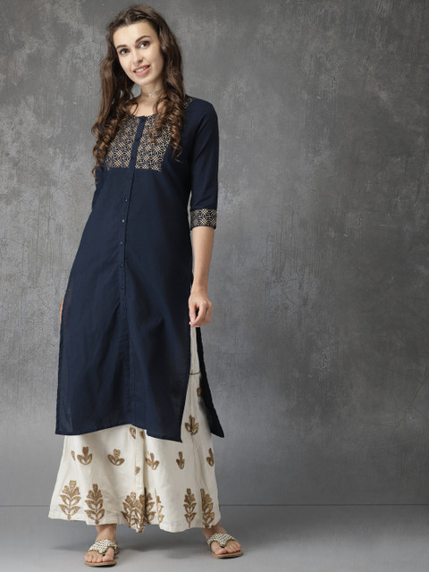 

Anouk Women Navy Blue Yoke Design A-Line Kurta