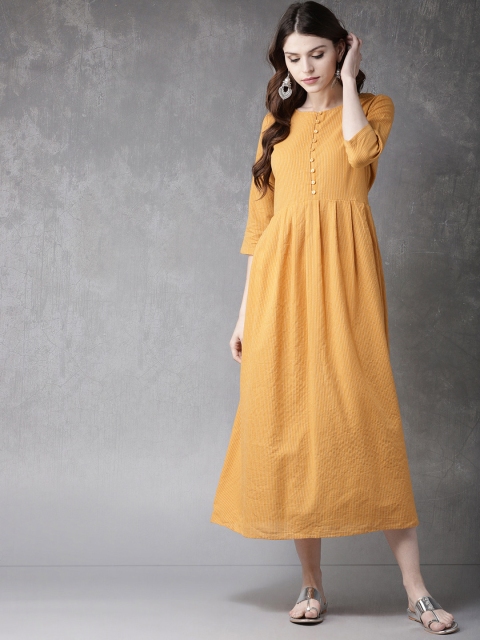 

Anouk Women Mustard Yellow & White Striped Panelled A-Line Kurta