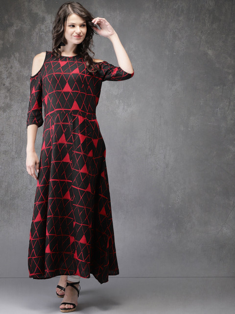 

Anouk Women Black & Red Printed A-Line Cold-Shoulder Kurta