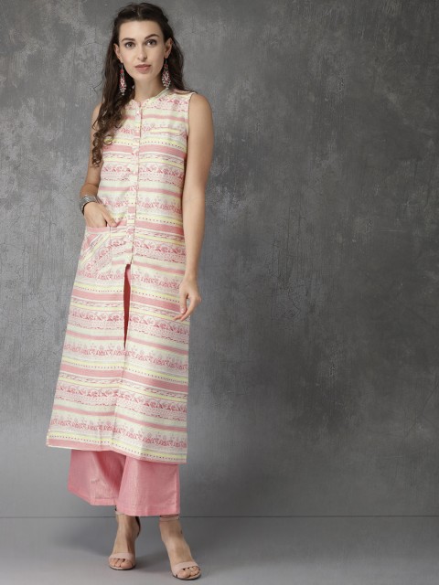 

Anouk Women Off-White & Pink Self-Striped Kurta with Palazzos