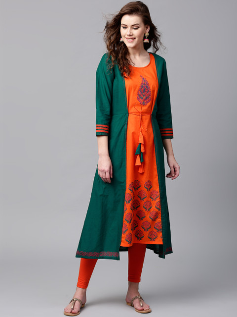 

Tulsattva Women Green & Orange Printed A-Line Kurta
