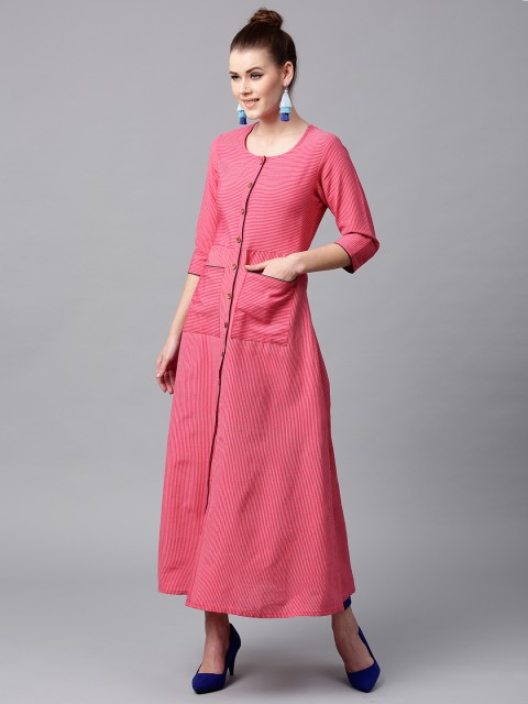 

Tulsattva Women Pink Striped A-Line Kurta