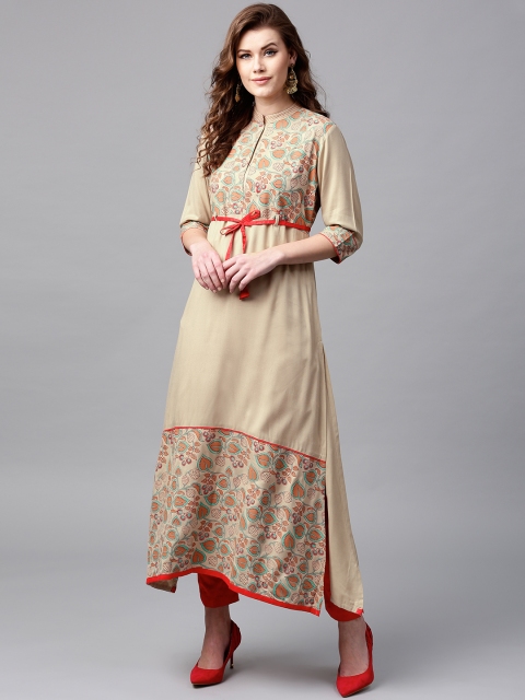 

Tulsattva Women Beige Printed A-Line Kurta