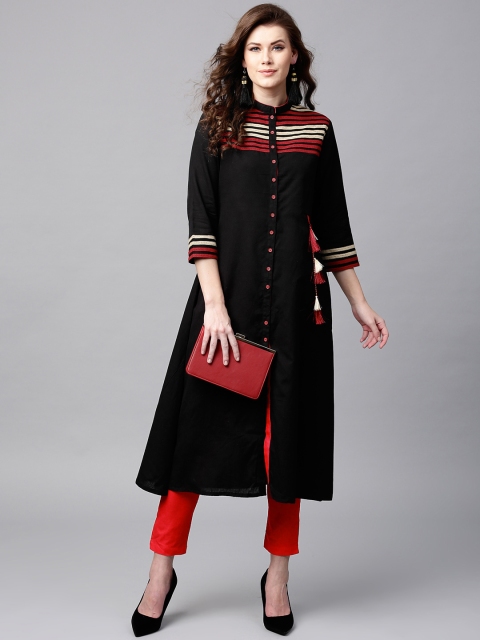 

Tulsattva Women Black Striped Detail A-Line Kurta