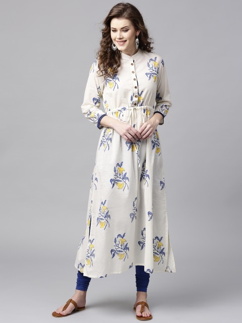

Tulsattva Women Off-White & Blue Floral Printed A-Line Kurta
