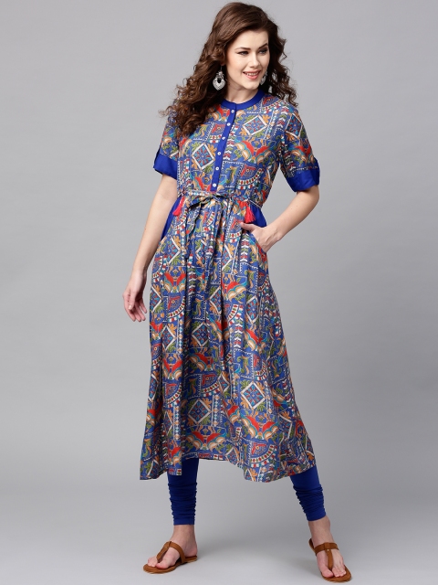 

Tulsattva Women Blue & Red Printed Belted A-Line Kurta