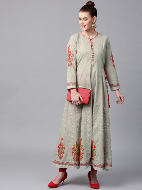 

Tulsattva Women Grey & Red Printed Anarkali Kurta