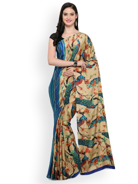 

Inddus Blue & Beige Satin Art Silk Printed Saree