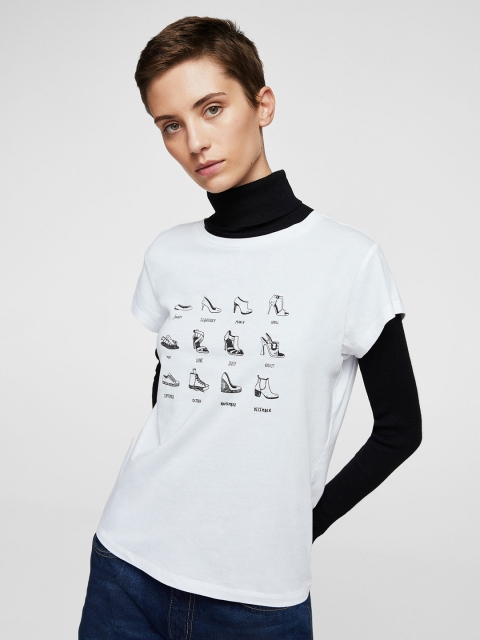 

MANGO Women White Printed Round Neck Pure Cotton T-shirt