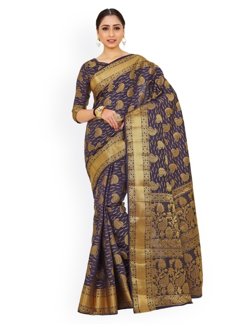 

MIMOSA Navy Blue & Gold-Toned Art Silk Woven Design Kanjeevaram Saree