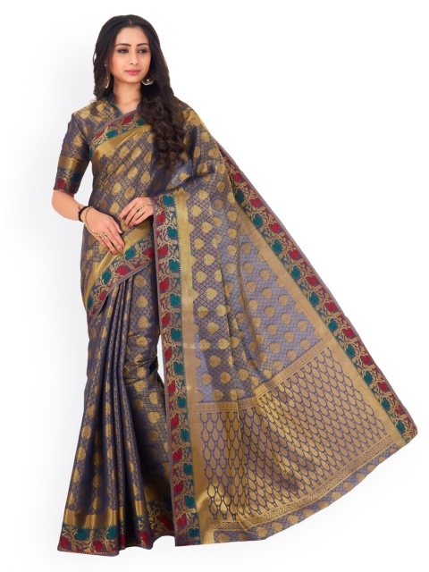 

MIMOSA Navy Blue & Gold-Toned Art Silk Woven Design Kanjeevaram Saree