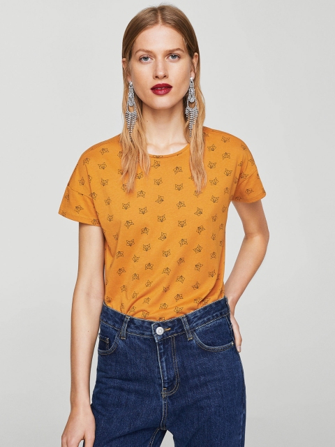 

MANGO Women Mustard Yellow & Black Printed Round Neck T-shirt