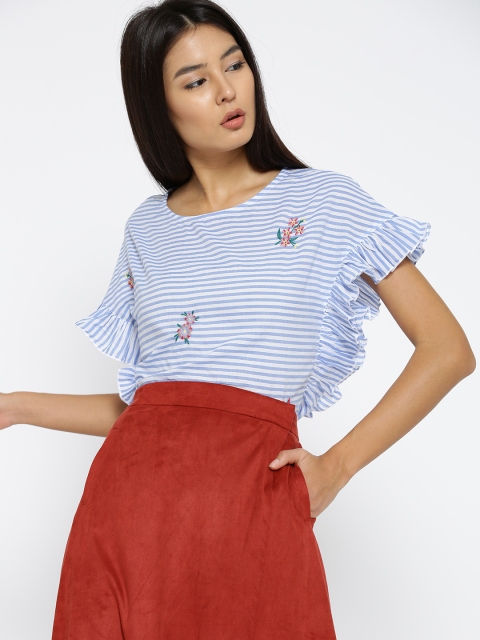 

MANGO Women Blue Striped Boxy Top with Frills