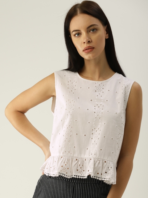 

MANGO Women White Schiffli Embroidered Top
