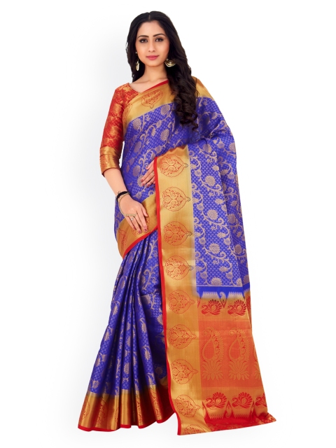 

MIMOSA Blue & Gold-Toned Art Silk Embellished Kanjeevaram Saree