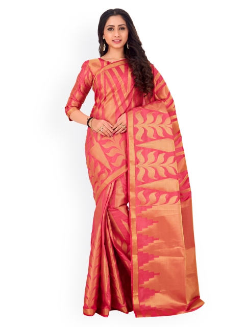 

MIMOSA Coral & Gold-Toned Art Silk Embellished Kanjeevaram Saree