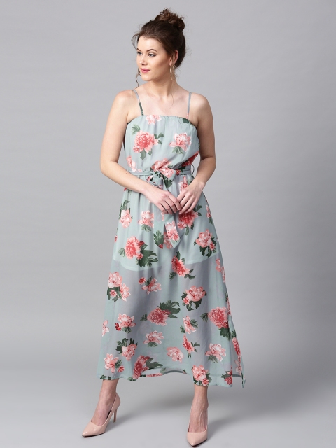 

SASSAFRAS Women Blue Floral Print Belted Semi-Sheer Maxi Dress