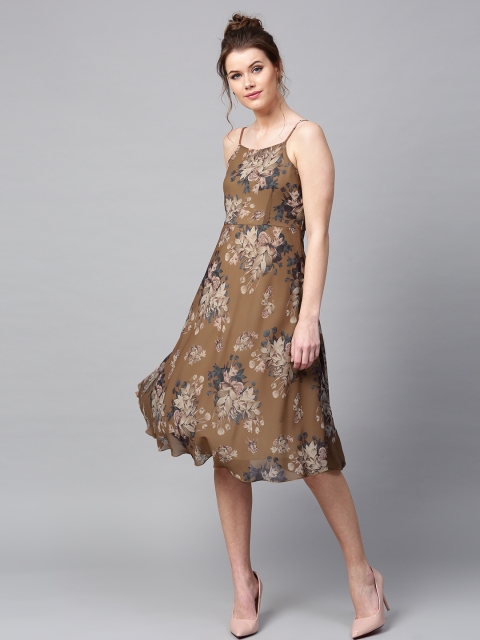 

SASSAFRAS Women Brown Floral Print Midi Fit & Flare Dress