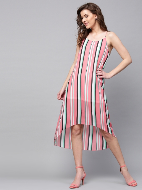 

SASSAFRAS Women Pink Striped High-Low Midi A-Line Dress