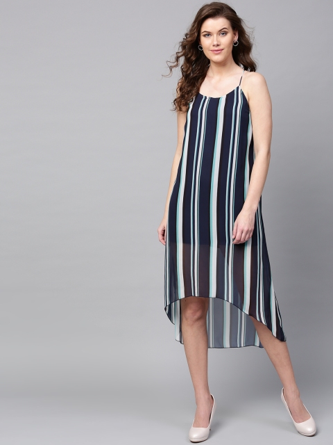 

SASSAFRAS Women Navy Blue Striped High-Low Midi A-Line Dress