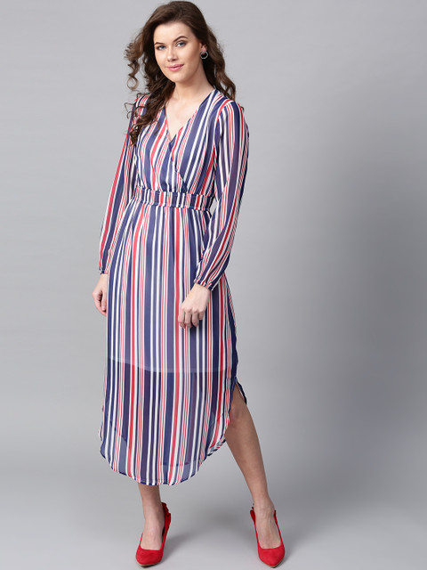 

SASSAFRAS Women Navy Blue & Red Striped Fit & Flare Dress
