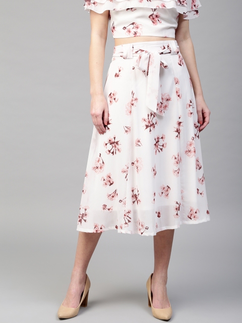 

SASSAFRAS White & Peach-Coloured Floral Print Midi Flared Skirt