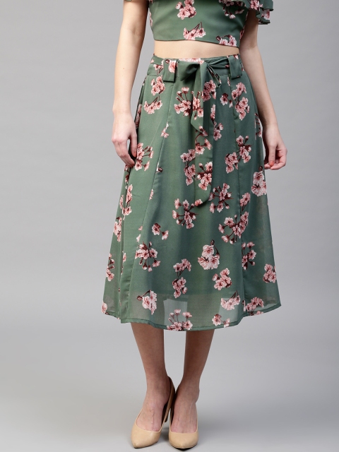 

SASSAFRAS Green & Pink Floral Print Midi Flared Skirt