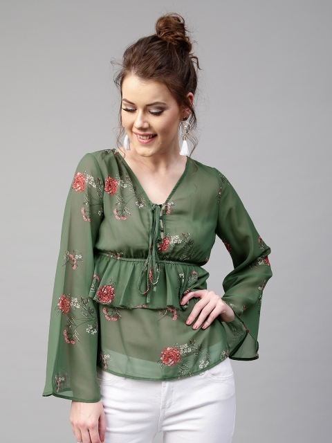 

SASSAFRAS Women Green Layered Floral Print Top