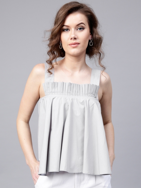 

SASSAFRAS Women Grey Solid A-Line Top with Pleats