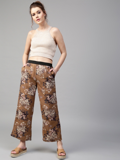 

SASSAFRAS Women Brown & Beige Floral Print Straight Palazzos