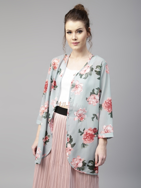 

SASSAFRAS Blue & Peach-Coloured Floral Print Open Front Shrug