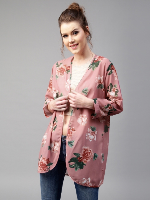 

SASSAFRAS Pink & Green Floral Print Open Front Shrug