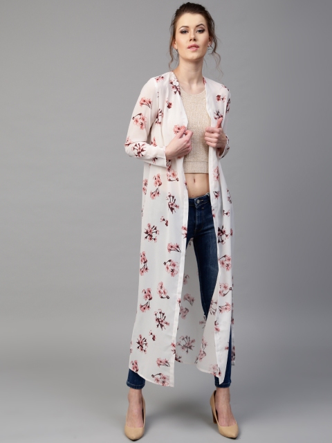 

SASSAFRAS White & Pink Floral Print Longline Open Front Shrug