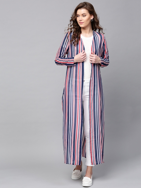 

SASSAFRAS Navy & Red Striped Sheer Open Front Longline Shrug, Navy blue