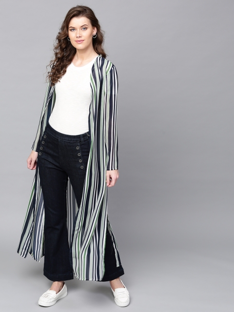 

SASSAFRAS Navy & Green Striped Sheer Open Front Longline Shrug, Navy blue