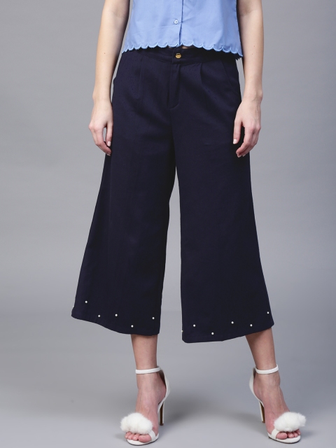 

SASSAFRAS Women Navy Regular Fit Solid Culottes, Navy blue