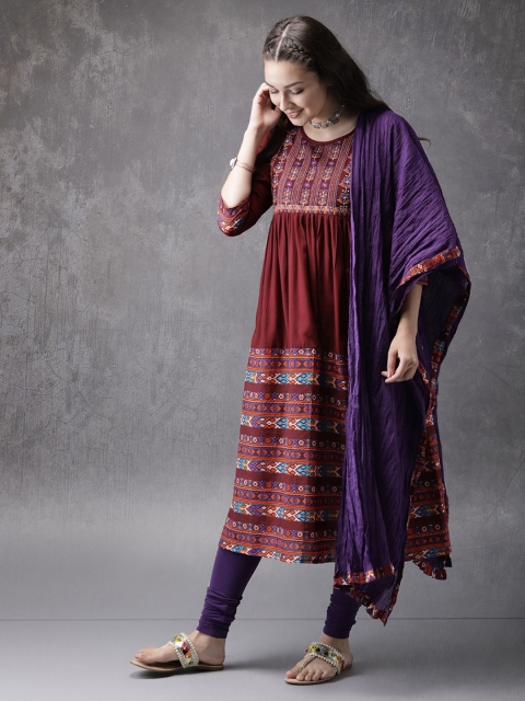

Anouk Women Maroon Striped Kurta with Churidar and Dupatta