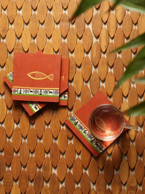 

Set of 4 Rust Hand Painted Wooden Coasters