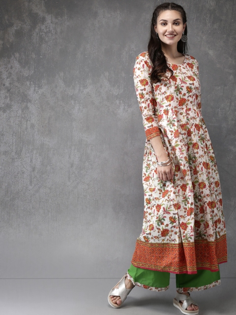

Anouk Women Pink & Green Printed A-Line Kurta with Palazzos