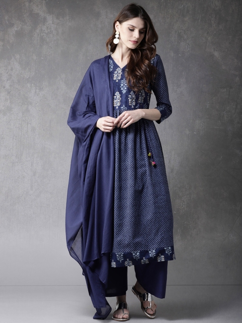 

Anouk Women Navy Blue Printed Kurta with Palazzos & Dupatta