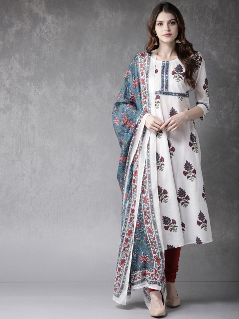 

Anouk Women White & Maroon Printed Kurta with Churidar & Dupatta
