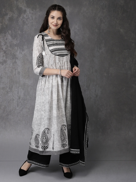 

Anouk Women White & Black Printed Kurta with Palazzos & Dupatta
