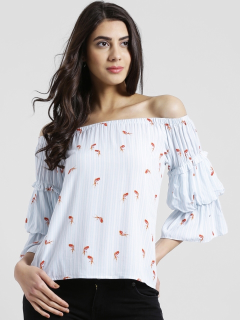 

Zink London Women Blue Printed Bardot Top