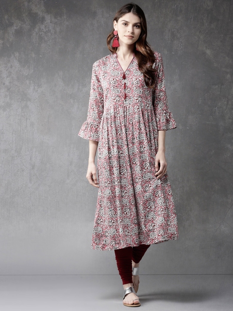

Anouk Women Pink & White Printed Pleated A-Line Kurta