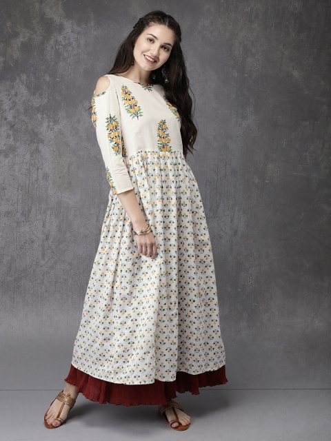 

Anouk Women Off-White & Yellow Printed Cold-Shoulder A-Line Kurta