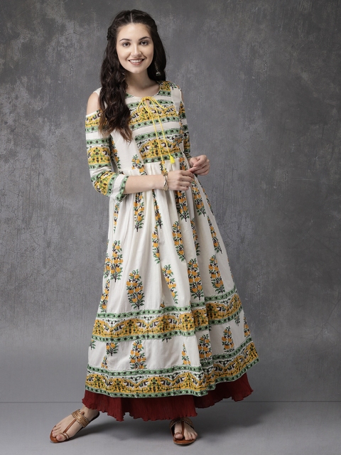 

Anouk Women Off-White & Yellow Cold Shoulder Printed A-Line Kurta
