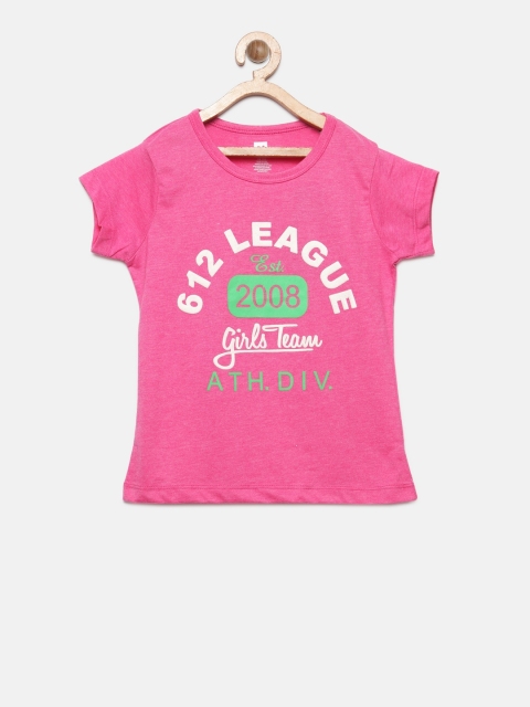 

612 league Girls Pink Printed Round Neck T-shirt