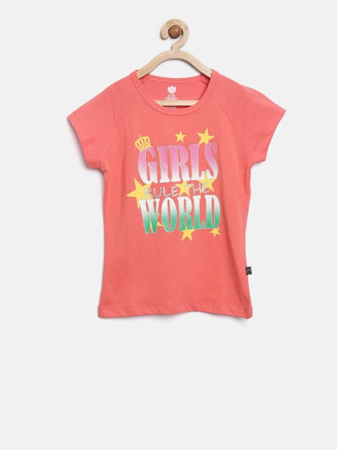 

612 league Girls Coral Printed Round Neck T-shirt
