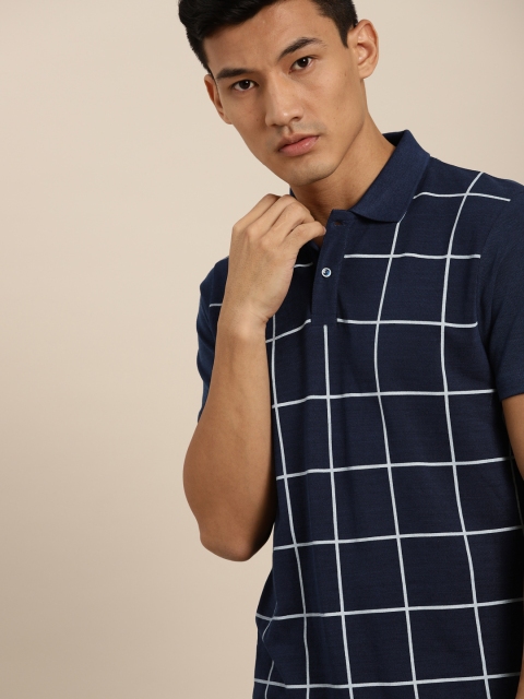 

INVICTUS Men Navy & White Checked Polo Collar T-shirt, Navy blue