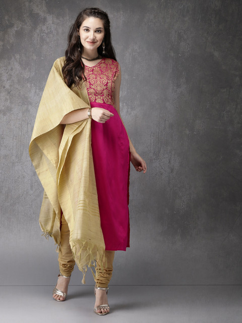 

Anouk Women Pink & Beige Yoke Design Kurta with Churidar & Dupatta